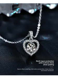 Macro detail of heart moissanite pendant with multi-layer nano silver plating finish