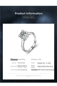 Detail of 925 sterling silver ring featuring a 1ct Moissanite stone and adjustable band