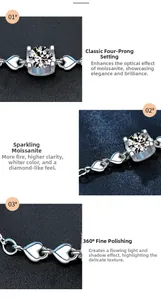 Detailed view of four-prong moissanite setting and heart-shaped silver links bracelet