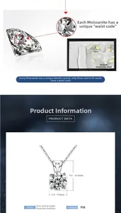 Detailed view of moissanite necklace with four-claw setting and laser security engraving