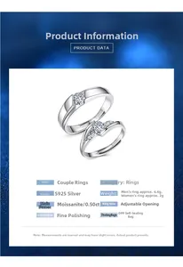 Detailed specifications of S925 silver moissanite couple rings with V-shape design