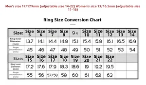 Size chart for adjustable silver couple rings showing inner diameter and finger circumference