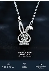Detail of S925 sterling silver rabbit pendant with brilliant moissanite and pave stones