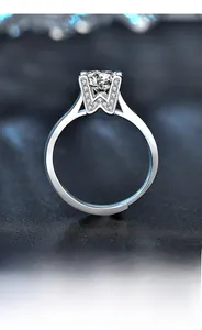 Macro shot of 925 silver ring featuring W-shaped prongs with pavé-set moissanite stones