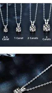 Detail view of four moissanite necklaces in 0.5 to 3 carat sizes with four-prong settings