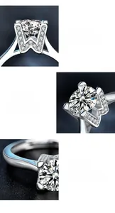 Macro detail of 925 sterling silver ring with W-shape four-prong moissanite setting