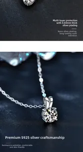 Macro detail of S925 sterling silver four-prong moissanite pendant with 0.03mm plating
