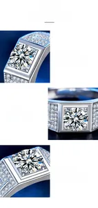 Macro di un anello da uomo in argento 925 con moissanite e incastonatura a quattro griffe