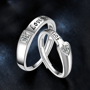 Bagues de Couple en Argent Sterling 925 Forme de Cœur Zirconia Bagues Ouvertes Ajustables Bijoux Rétro pour Amoureux