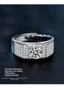 Macro detail of S925 sterling silver men's ring with brilliant moissanite and pave diamonds