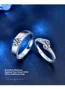 Close-up of S925 sterling silver couple rings with brilliant round-cut moissanite stones