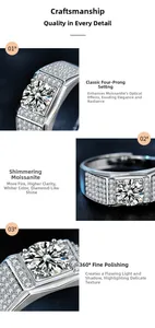 Detailed close-up showing four-prong moissanite setting and polished 925 silver ring band