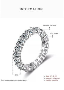 Macro detail of S925 silver eternity band with 5A cubic zirconia and 3mm width info