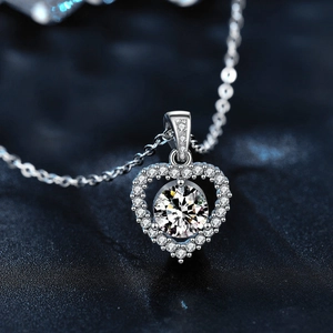 925 Sterling silver heart necklace featuring a Moissanite pendant with halo diamonds