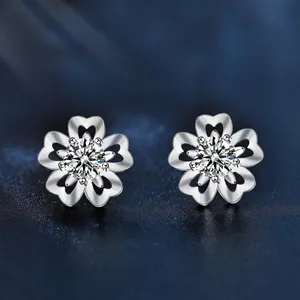 925 Sterling Silver Moissanite Cherry Blossom Stud Earrings For Women Hollow Heart Flower Rhinestone Inlaid Jewelry Gift