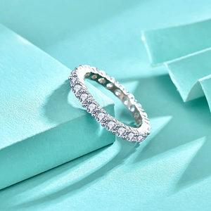 Macro shot of 925 sterling silver eternity ring with sparkling cubic zirconia stones