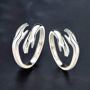 S925 sterling silver hug rings for couples with adjustable open band in polished silver