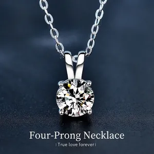 925 Sterling Silver Moissanite Necklace D Color VVS1 Four Prong Round Pendant Classic Cable Chain For Women Wedding Jewelry Gift