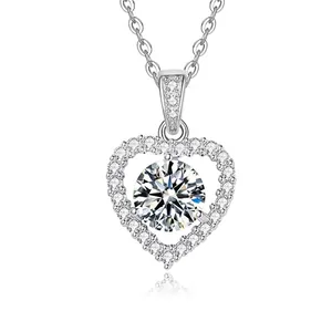 925 sterling silver heart necklace featuring a round moissanite pendant and pavé stones