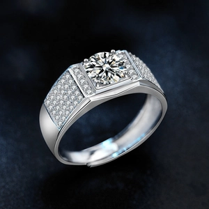 925 sterling silver men's ring featuring a large moissanite center and paved side stones