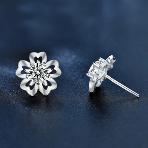 Elegant 925 silver cherry blossom stud earrings with Moissanite stones for women