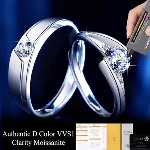 Moissanite couple rings in S925 silver with D Color VVS1 stones and GRA certificates