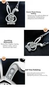 Detailed view of moissanite rabbit pendant with polished S925 silver and three-prong setting