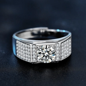 Luxury 925 sterling silver moissanite ring for men with brilliant round cut and pavé diamonds