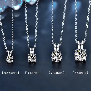 Moissanite 925 sterling silver necklaces shown in 0.5ct to 3.0ct size comparison
