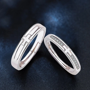 S925 sterling silver couple rings with cross design and sparkling zircon stones