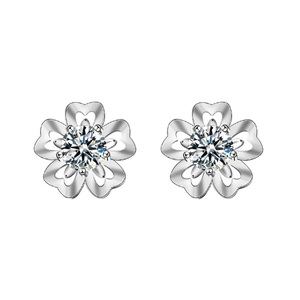 Elegant 925 silver cherry blossom earrings with moissanite center and hollow heart petals