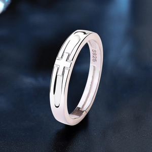 Adjustable S925 sterling silver couple ring with cross relief and polished finish