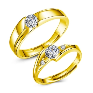 Adjustable 925 silver couple rings with round moissanite in polished gold finish
