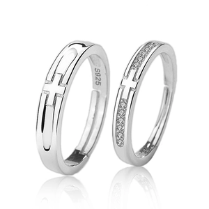 Adjustable S925 sterling silver couple rings with cross design and sparkling cubic zirconia