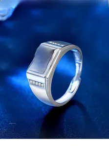 Macro detail of 925 sterling silver men's ring with Moissanite stone and S925 hallmark