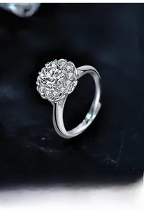 Macro shot of 1 carat moissanite flower cluster ring in polished S925 silver setting