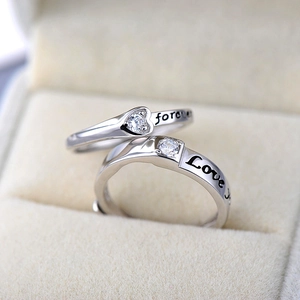 Bagues de couple en argent 925 avec zircon cœur et carré et gravure Forever Love style rétro
