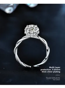 Detailed macro of a twisted silver band moissanite ring with a crown prong setting