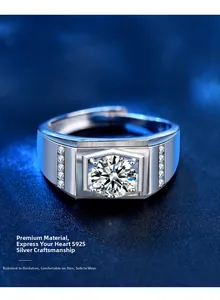 Detailed macro view of S925 sterling silver hexagon ring with round moissanite center stone