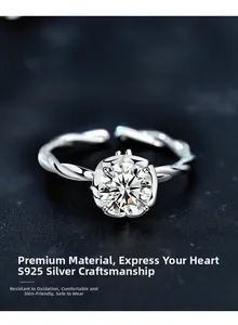 Macro shot of S925 sterling silver twisted rope ring band with a round moissanite stone