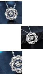 Macro detail of dancing moissanite pendant with four-prong setting in S925 sterling silver