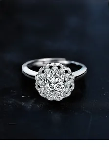 Macro shot of 925 silver moissanite ring with 3EX cut halo and heart and arrow effect