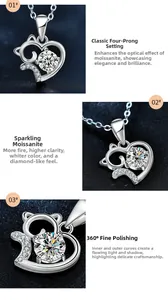 Detail der 925er Silber Katze-Herz-Halskette mit Moissanit in 4-Krallen-Fassung