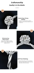 Macro detail of moissanite ring with classic four-prong setting and polished twist band