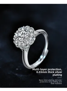 Macro view of moissanite ring showing 925 silver plating and cluster setting detail