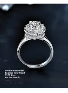 Macro shot of S925 silver moissanite ring with halo petals and pavé set diamond side