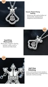 Macro details of crown pendant featuring moissanite center stone and 3-prong setting