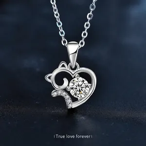 925 Sterlingsilber Moissanit Katze Herz Anhänger Halskette Für Damen D Farbe VVS1 Moissanit Katze Schmuck Geburtstagsgeschenk
