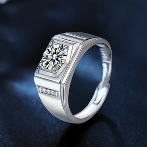 Men's S925 sterling silver ring with large round moissanite in a sleek side angle view