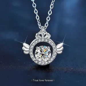 Collier Pendentif Ailes d'Ange Couronne Moissanite 1 Carat Chaîne en Argent Sterling 925 Bijoux pour Femmes Cadeau